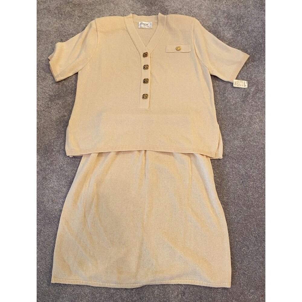 Vintage Laura by Alyzia Skirt Set Beige Short Sleeve Top Buttons Knit 14 Petite - Picture 1 of 16